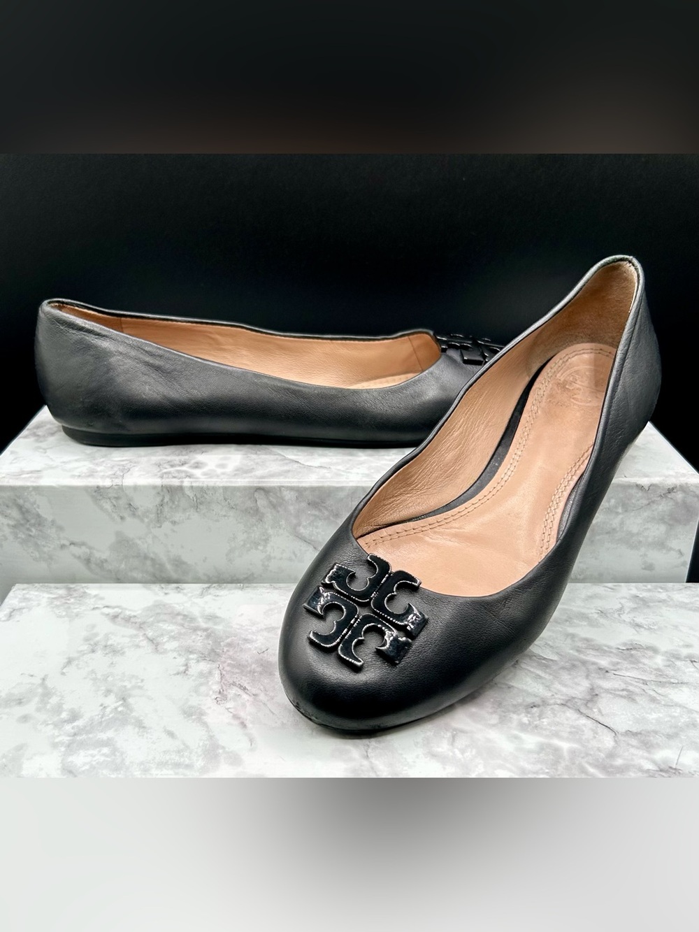 Tory Burch Black Leather Logo Ballet Flats